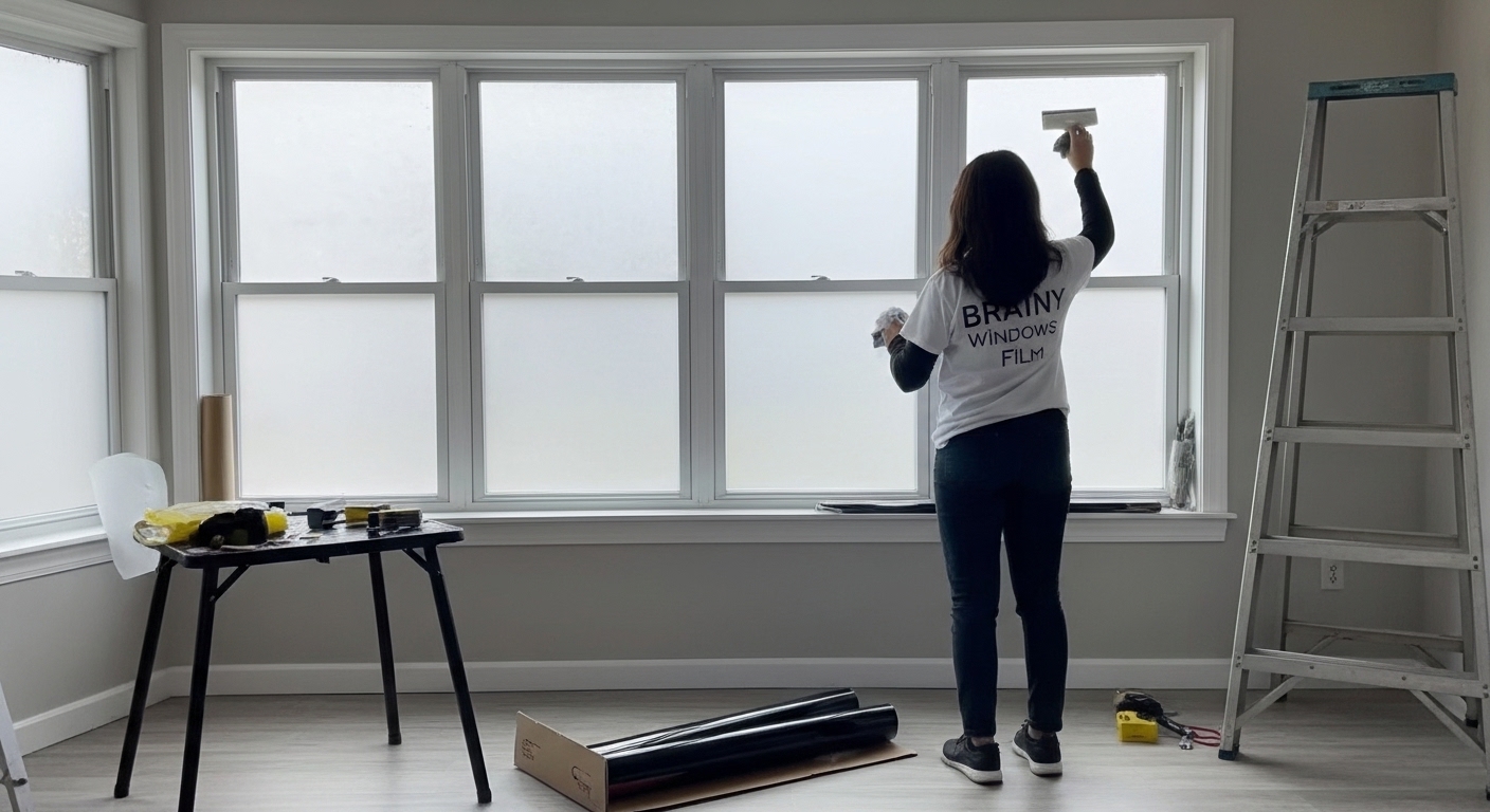 Interior de una sala de estar luminosa con película de control solar instalada en los ventanales.