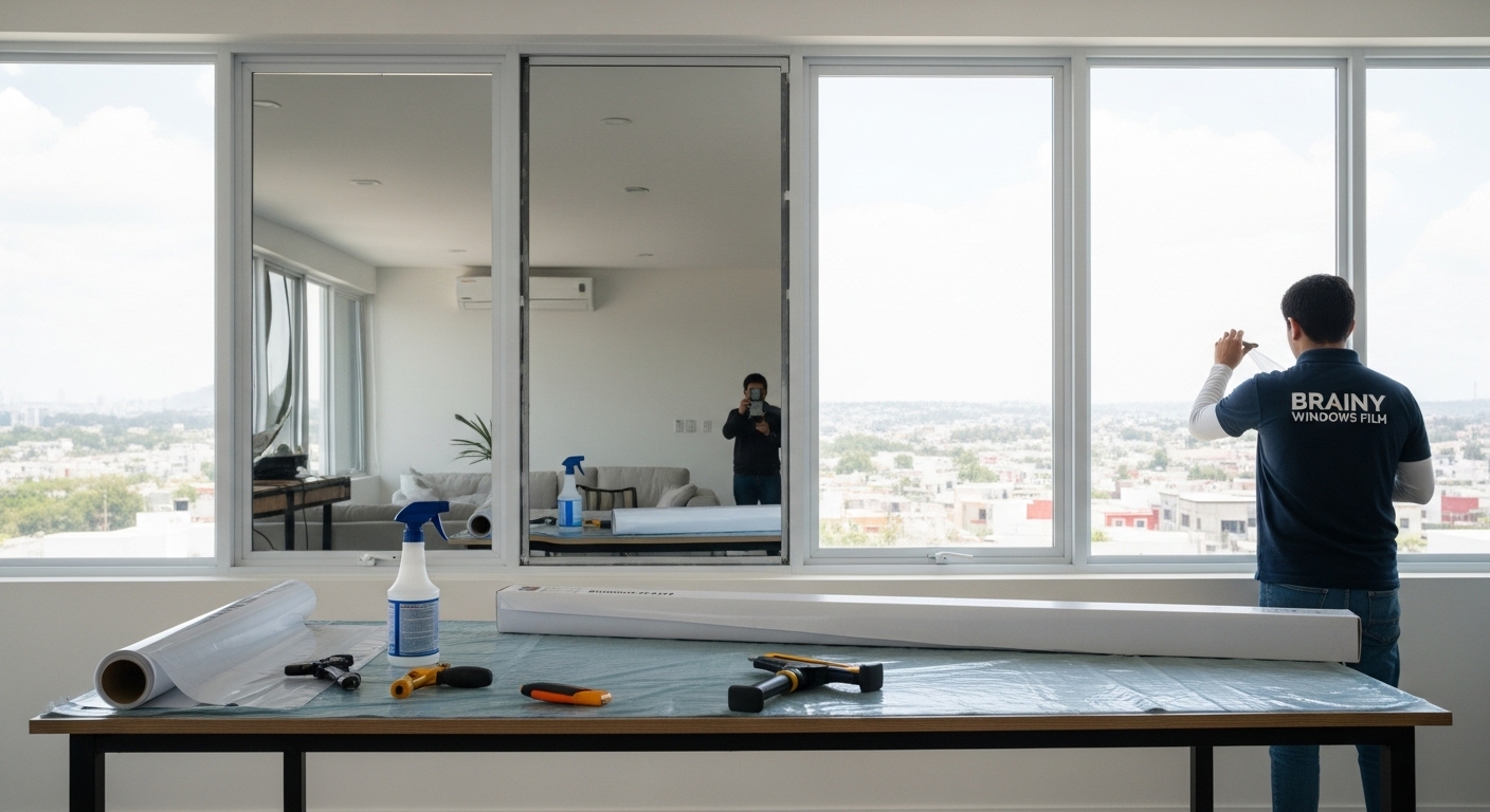 papel polarizado de espejo instalado en vidrio