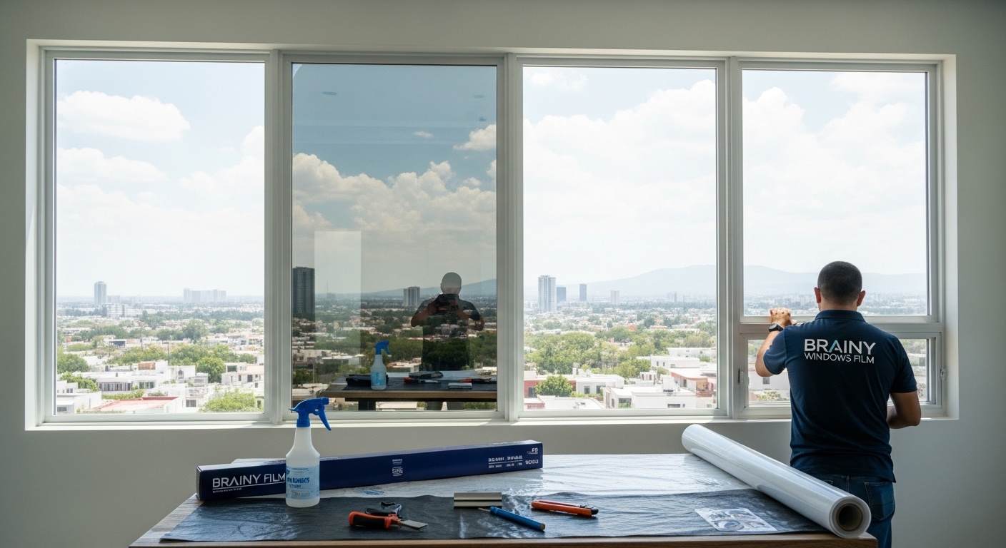 Fachada de edificio con polarizado tipo espejo para ventanas, reflejando el cielo.