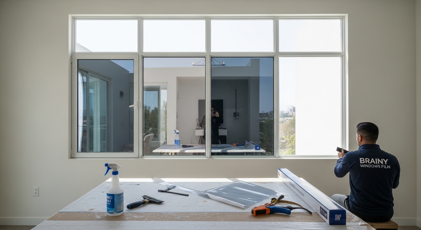 Película para ventanas con protección UV instalada en oficina